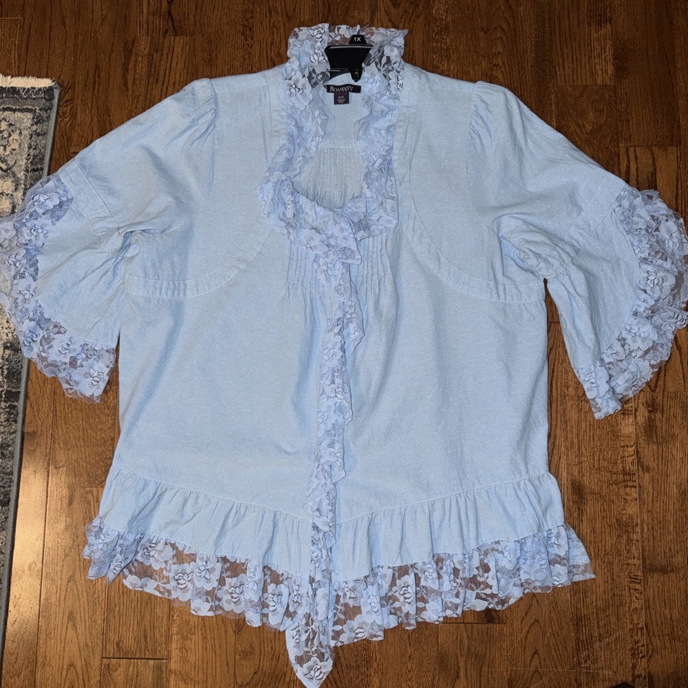 Roaman's Light Blue Blouse 22W Cottage-core Prairie Cotton Lace Bell Sleeves